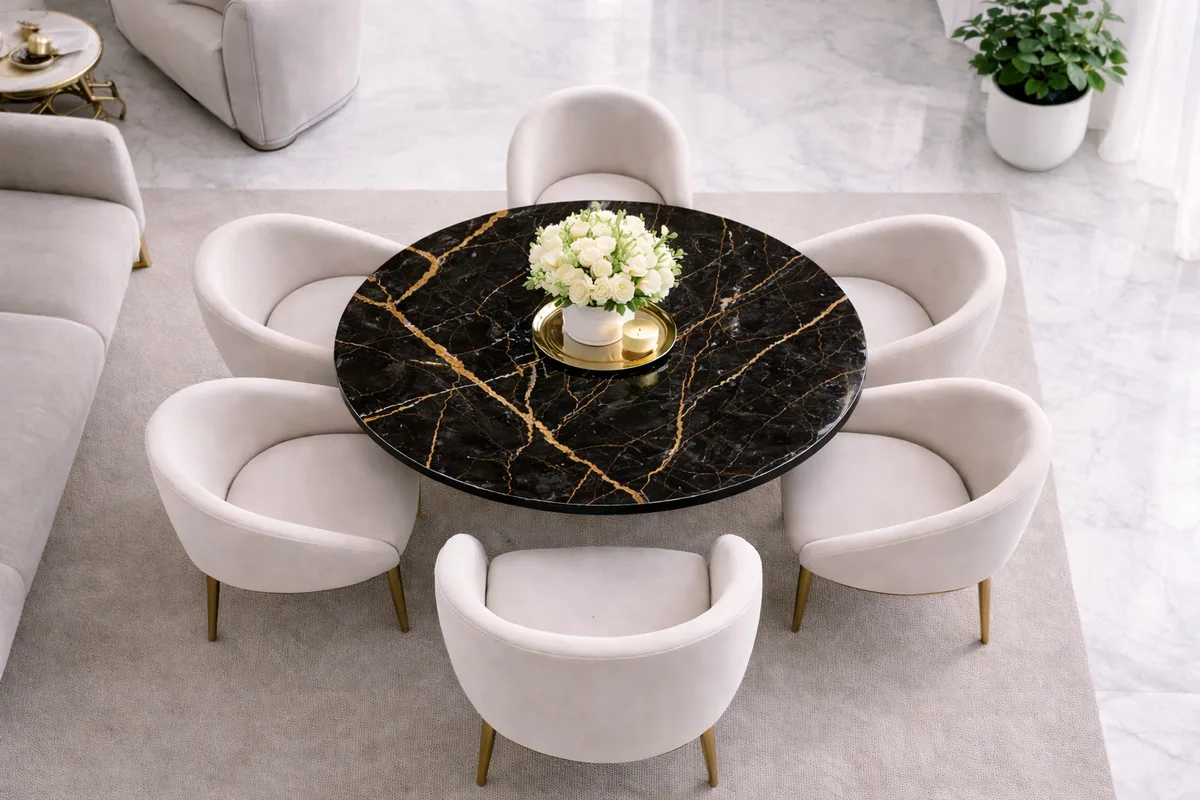 Table ronde en marbre noir dans un salon contemporain